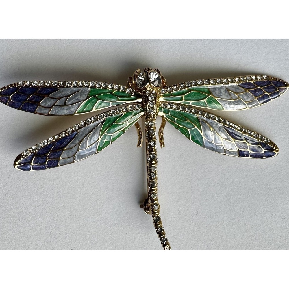 Vintage Camrose & Kross JBK Dragonfly Brooch Enamel Rhinestone Gold Tone